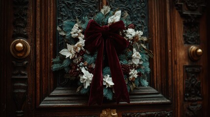Fototapeta premium Festive Door Decor: A close-up shot of a intricately carved wooden door adorned with a vibrant Christmas wreath, the deep red bow adds a touch of elegance and warmth. 