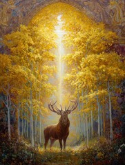 Fototapeta premium Stag With Branching Antlers Stands in Golden Forest Light, Symbolizing Rebirth and the Cycle of Life