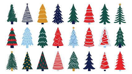 Assortment of Hand Drawn Christmas Trees in Various Styles and Colors illustration
