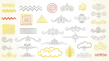 Assortment of Hand Drawn Decorative Elements Swirls Lines and Shapes Keywords: decorative, swirl, flourish, divider, element