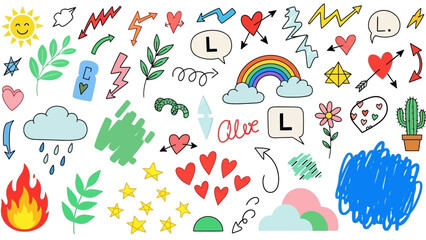 Assortment of Hand- Drawn Doodles and Icons with Bright Colors Keywords: doodle, icon, drawing, illustration, hand-drawn