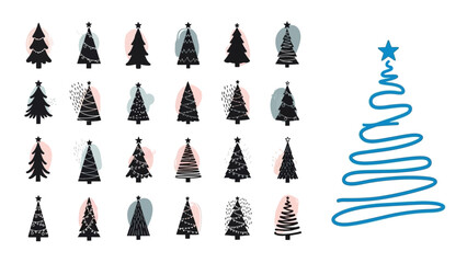 Assortment of Stylized Christmas Trees with Abstract Shapes and Blue Ribbon Tree Keywords: Christmas, tree, holiday, festive