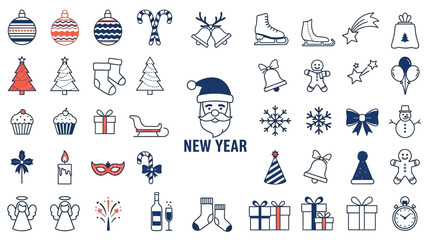 Christmas and New Year Icons Collection Festive Ornaments Gifts and Symbols vector illustration