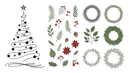 Christmas Decorative Elements Including Pine Branches Berries Acorns Wreaths and Star Tree holiday winter