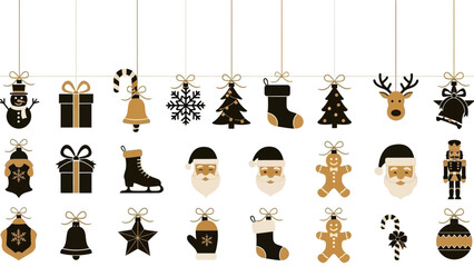 Christmas Hanging Ornaments And Icons In Black And Gold Colors Keywords: christmas, holiday, festive, ornament, icon, symbol