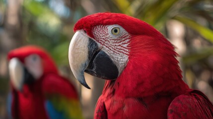 Vivid close up of a red macaw bird with sharp eyes and beak, focused and alert. Wildlife and nature sanctuary concept. Cute beautiful portrait of a parrot in a tropical jungle closeup.