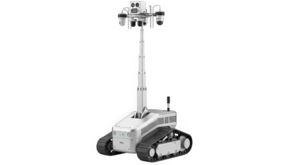 Advanced mobile surveillance robot with telescopic camera mast isolated on white.