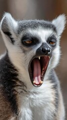 Fototapeta premium Close up of a ring tailed sleepy lemur yawns with mouth wide open. Wild cute funny animal with orange eyes. Wildlife creature. Portrait closeup. Vertical view.