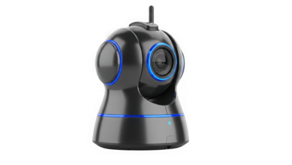 Modern black wireless IP security camera with blue accents.