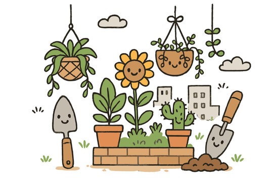 Cheerful City Garden. Adorable doodle scene of cheerful plants, hanging baskets, and friendly trowels working together in a small