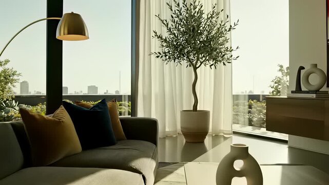 Contemporary living room setting with plush couch, inviting pillows, plant, elegant drapery, and natural light creating warm and welcoming atmosphere, perfect for conveying feelings of.