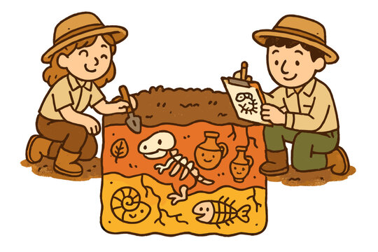 Cheerful Archaeologists' Discovery. Adorable doodle scene of cheerful archaeologists recording colorful soil layers filled with