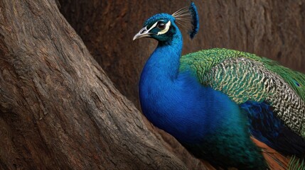 Fototapeta premium Head and iridescent blue neck of an elegant peacock with crest. Beautiful wild bird. Majestic animal portrait. Wildlife concept. Male peacocks close up.