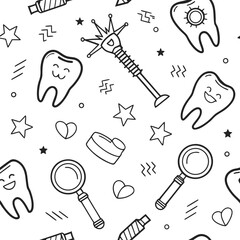 Delightful dental care pattern with happy teeth, stars, and magical fairy wands for children's health and wellness campaigns