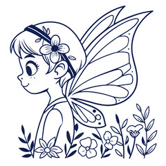 Whimsical fairy outline amidst delicate blooms, a magical design perfect for children's books, enchanting crafts, and delightful invitations