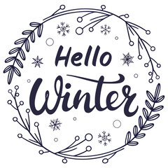 Charming Hello Winter wreath design perfect for holiday cards and seasonal promotions, adding a touch of cozy elegance to your festive projects