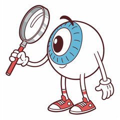 Fun cartoon eyeball character with magnifying glass searches for perfect vision concept in playful style
