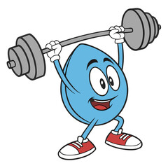 Cheerful blue water drop mascot happily lifting heavy barbell demonstrating strength and hydration power