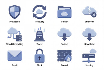 3d cloud computing security and data management icon collection featuring protection, backup, recovery, firewall, error, email, and digital hosting symbols isolated on a white background