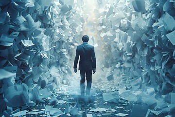 Businessman walking through corridor of flying papers seeking solution