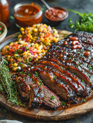Fototapeta premium Sliced texas brisket with barbecue sauce and side dish displayed on wooden cutting board