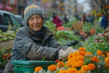 Senior woman gardening in vibrant community garden in the city