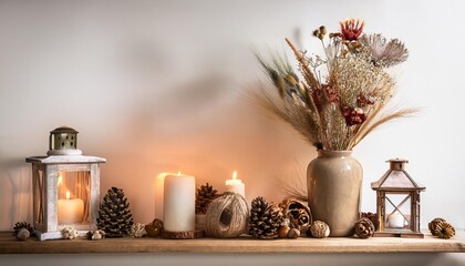Burning candles and dry flowers creating cozy winter atmosphere on shelf