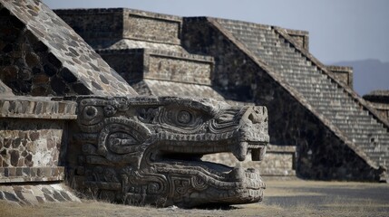 Feathered Serpent Quetzalcoatl Floats Above Pyramids, Representing Cosmic Wisdom and Ancient Knowledge in the Skies Above Historic Ruins