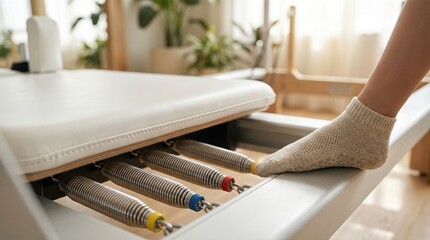 Womans foot in sock pressing against colorful springs on pilates reformer. Home workout for core strength and flexibility. Fitness exercise and wellness concept for daily training.