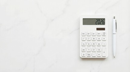 White calculator showing 2026 on clean surface with pen beside it. Minimalist financial planning tool for future budgeting and annual goals. Color of the year 2026 concept in simple design for office