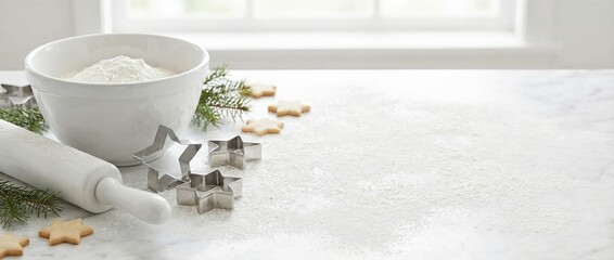 Bowl of white flour with rolling pin and star cookie cutters on marble counter. Christmas baking setup featuring pine branches and star-shaped cookies. Holiday winter preparation concept for festive