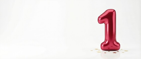 Red balloon shaped as number one with golden confetti scattered around. Vibrant red hue as color of the year 2026. Festive symbol for celebrations, new beginnings and milestone events in design and