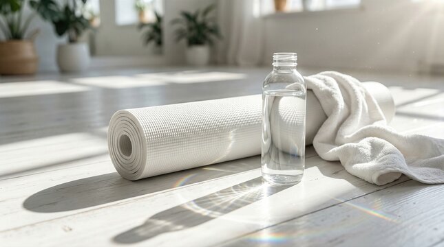 White yoga mat rolled with towel and water bottle on light wooden floor in sunlit room. Serene home wellness setup for mindfulness and relaxation practice. Minimalist design inspired by color of the