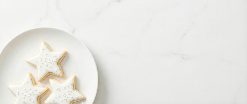 White star-shaped cookies on porcelain plate over marble countertop. Minimalist holiday baking concept for winter celebrations and festive treats. Pure white theme representing 2026 color of year in - Powered by Adobe