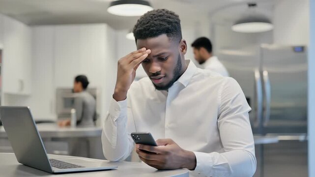 Frustrated Businessman Checking Smartphone, Displaying Disappointment and Stress While Working at Desk with Laptop.