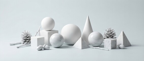 Minimalist white geometric shapes arranged with pine cones on light background. Abstract sculpture composition for modern design trends and color of the year 2026 concepts in interior decoration and