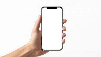Hand Holding Smartphone with Blank Screen on White