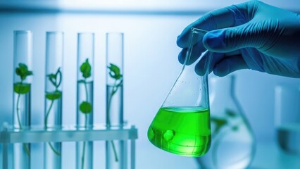 Scientist Holding Flask with Green Liquid, Plant Research