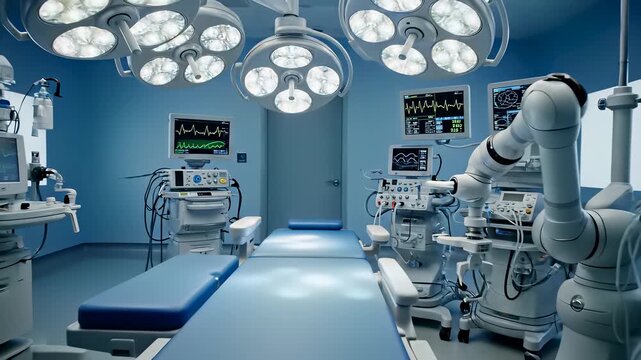 Contemporary operating room with high tech equipment and robot operating system in action, showcasing modern healthcare technology and innovative medical advancements perfect for background use.