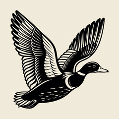 Obraz premium Vector silhouette illustration of a flying duct with extended wings, suitable for a tattoo design