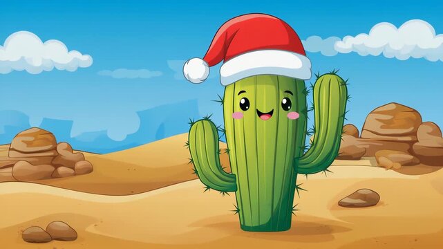 Cartoon Christmas Cactus in Desert Landscape Wearing Santa Hat, Festive Holiday Season Illustration for Greeting Cards and Design Projects
