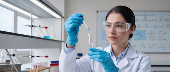 Researcher is dropping the reagent into test tube, with chemical equations background, in laboratory
