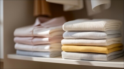 Freshly folded clothing arranged in a minimalist closet, crisp lines and pastel colors creating a calm, organized lifestyle aesthetic &mdash; modern home management and declutter themes. cinematic color