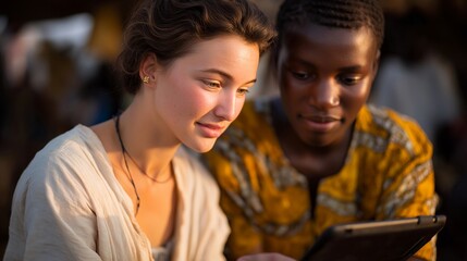 A humanitarian outreach worker documenting conditions with a tablet as local residents describe urgent needs, sunlight illuminating handwritten notes and translated dialogue — needs assessment,