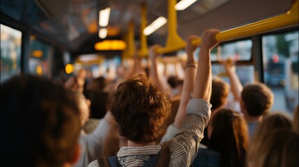 A packed bus during rush hour with passengers holding onto overhead rails, vibrations from the road creating subtle motion blur — public transit pressure, real-life commuting challenges, and urban