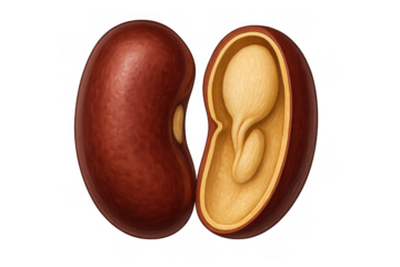 Kidney bean anatomy illustrating seed structure, embryo development, and internal cross-section on transparent background