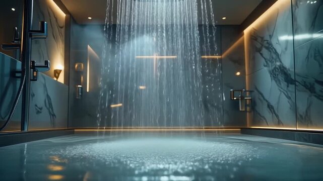 a luxurious, spotless bathroom with a modern shower gently releasing streams of water