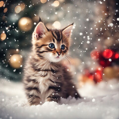 A gray kitten near the snow-covered Christmas decorations