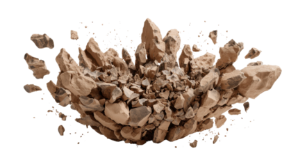Shattering rock fragments exploding, creating debris and rubble, flying apart with impact, transparent background
