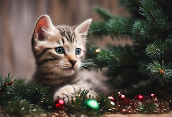 Gray kitten near the Christmas tree